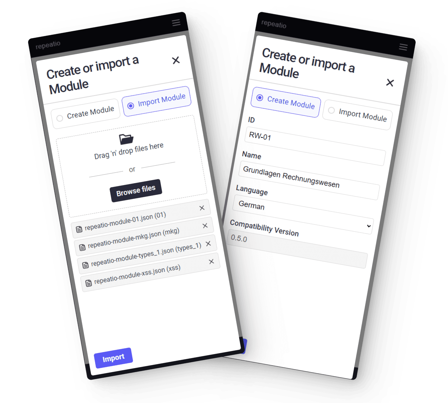 Two mockup of phones with a form titled Create or import a Module. On the left mockup the option 'Import Module' is selected'. The user has imported 4 modules. On the right mockup the option 'Create Module' is selected. The user is filled in the following inputs in the form. ID: RW-01. Name: Grundlagen Rechnungswesen. Language: German. Compatibility Version: 0.5.0 .